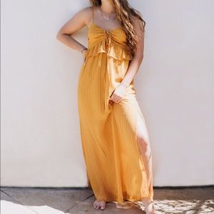 Mustard yellow maxi dress with leg slit and front tie strings
